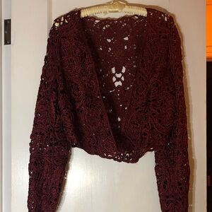 Crochet Openwork Wine-Colored Women's Sweater Cardigan